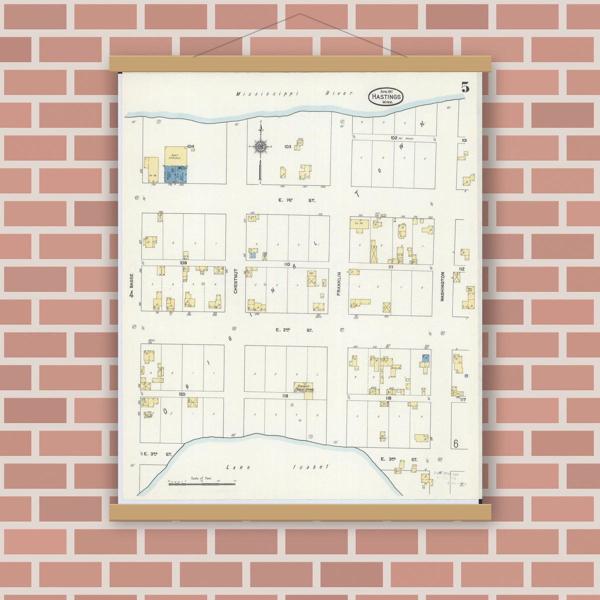 Old map wall art mockup — magnetic wood frame on brick wall — Sanborn Fire Insurance Map from Hastings, Dakota County, Minnesota (1911), Sheet #0005