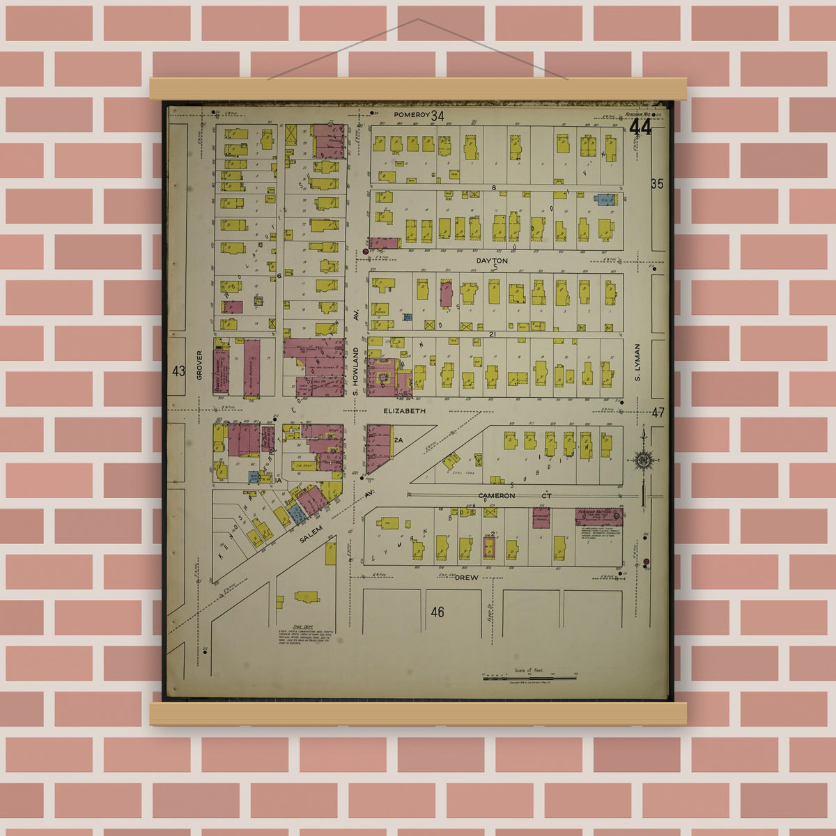 Old map wall art mockup — magnetic wood frame on brick wall — Sanborn Fire Insurance Map from Kenosha, Kenosha County, Wisconsin. (1918), Sheet 48
