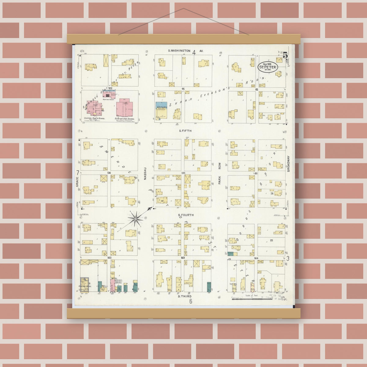 Old map wall art mockup — magnetic wood frame on brick wall — Sanborn Fire Insurance Map from Saint Peter, Nicollet County, Minnesota (1908), Sheet #0005