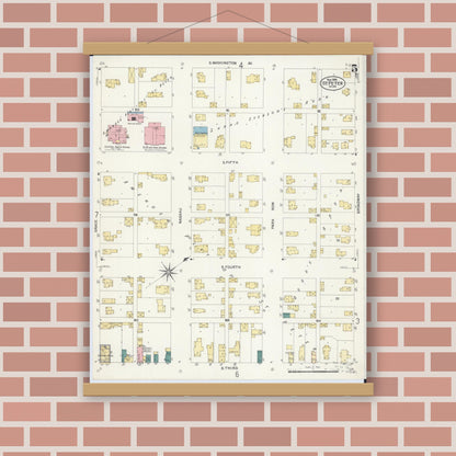 Old map wall art mockup — magnetic wood frame on brick wall — Sanborn Fire Insurance Map from Saint Peter, Nicollet County, Minnesota (1908), Sheet #0005
