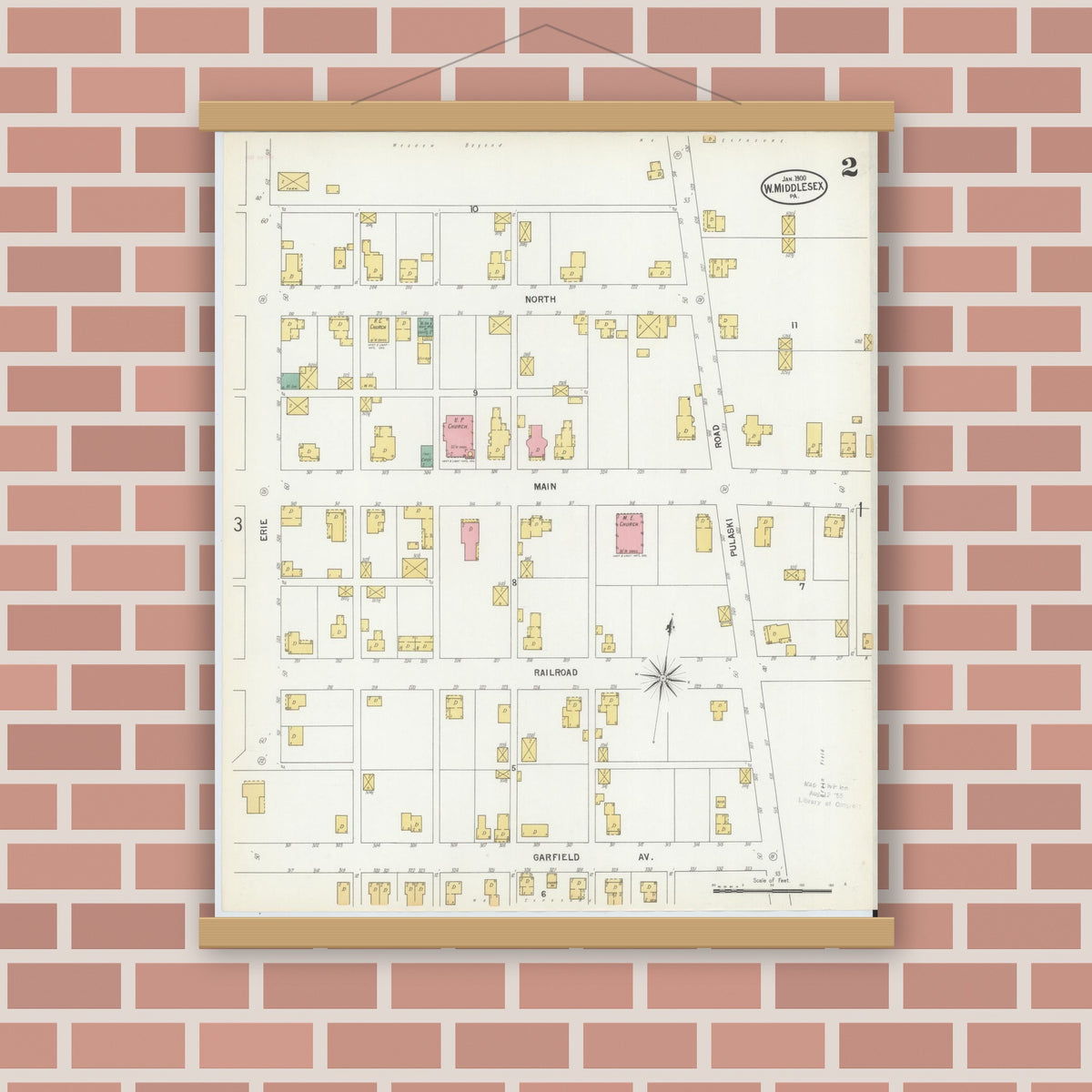 Old map wall art mockup — magnetic wood frame on brick wall — Sanborn Fire Insurance Map from West Middlesex, Mercer County, Pennsylvania (1900), Sheet #0002
