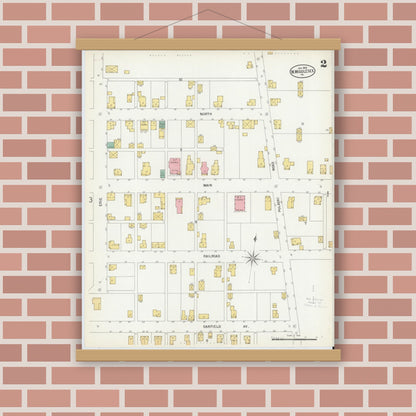 Old map wall art mockup — magnetic wood frame on brick wall — Sanborn Fire Insurance Map from West Middlesex, Mercer County, Pennsylvania (1900), Sheet #0002