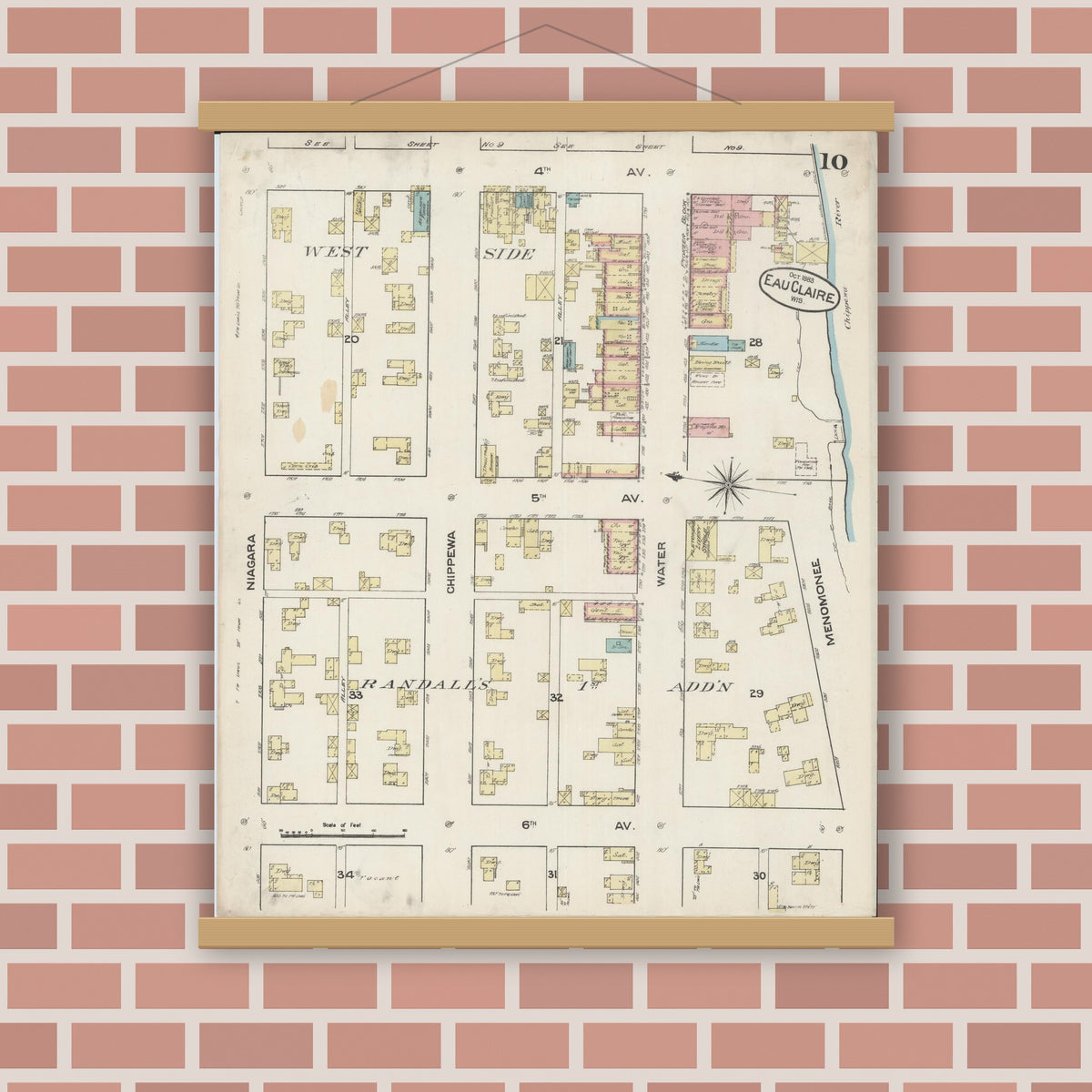 Old map wall art mockup — magnetic wood frame on brick wall — Sanborn Fire Insurance Map from Eau Claire, Eau Claire County, Wisconsin (1883), Sheet #0010