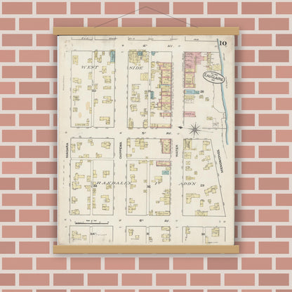 Old map wall art mockup — magnetic wood frame on brick wall — Sanborn Fire Insurance Map from Eau Claire, Eau Claire County, Wisconsin (1883), Sheet #0010