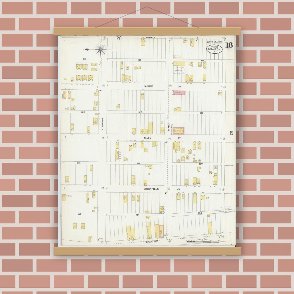 Old map wall art mockup — magnetic wood frame on brick wall — Sanborn Fire Insurance Map from Sharon, Mercer County, Pennsylvania (1903), Sheet #0018