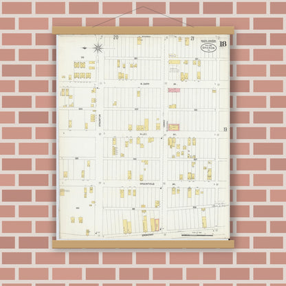 Old map wall art mockup — magnetic wood frame on brick wall — Sanborn Fire Insurance Map from Sharon, Mercer County, Pennsylvania (1903), Sheet #0018