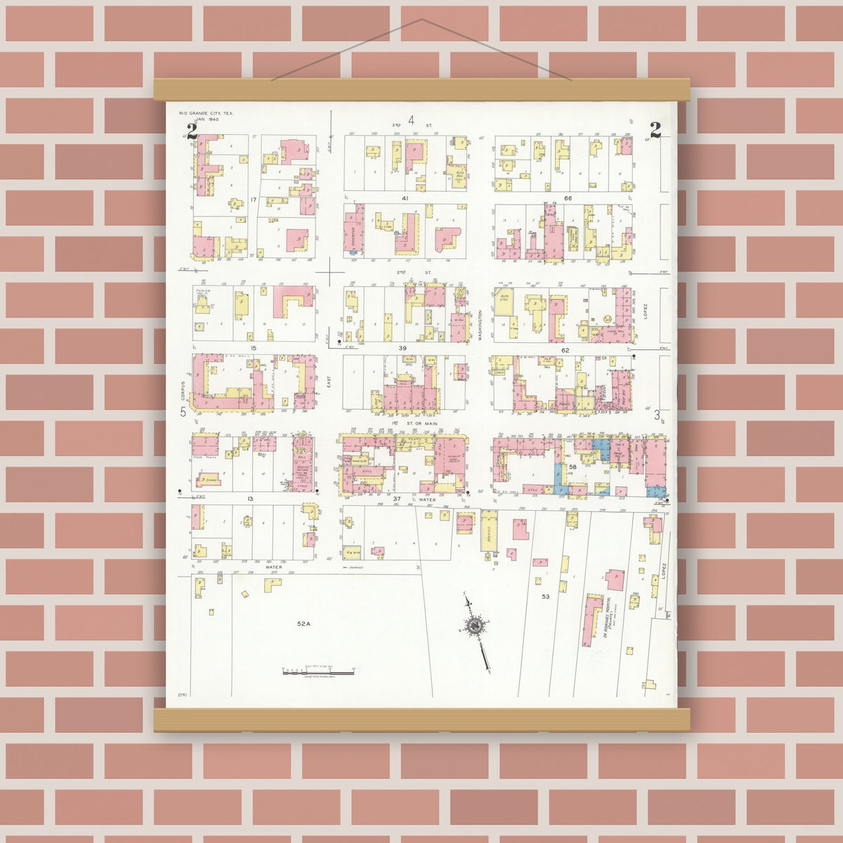 Old map wall art mockup — magnetic wood frame on brick wall — Sanborn Fire Insurance Map from Rio Grande City, Starr County, Texas (1940), Sheet #0002