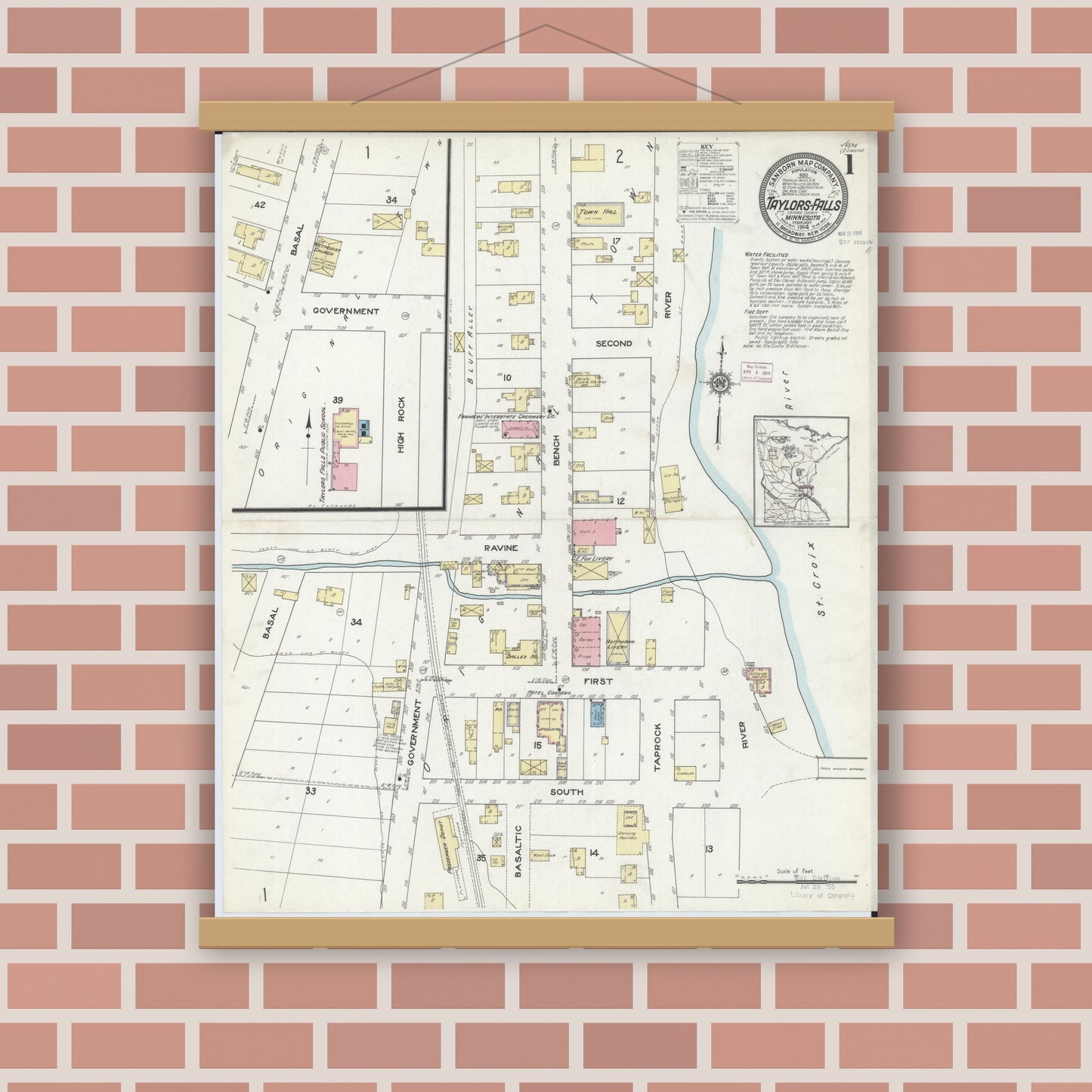 Old map wall art mockup — magnetic wood frame on brick wall — Sanborn Fire Insurance Map from Taylors Falls, Chisago County, Minnesota (1914) - Complete Map Set
