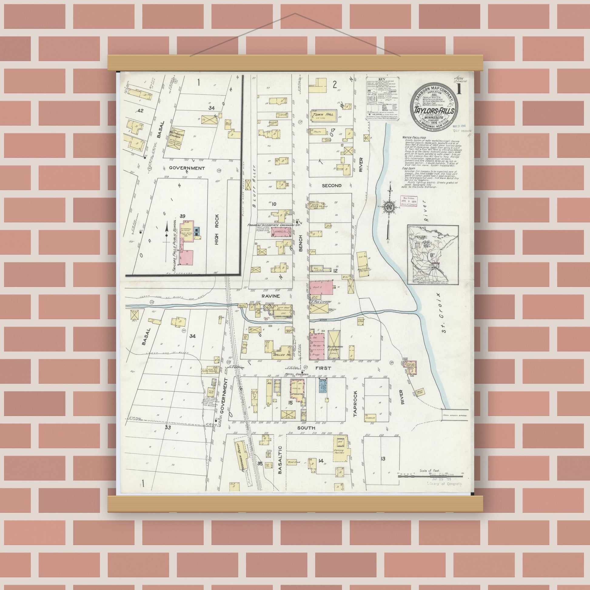 Old map wall art mockup — magnetic wood frame on brick wall — Sanborn Fire Insurance Map from Taylors Falls, Chisago County, Minnesota (1914) - Complete Map Set