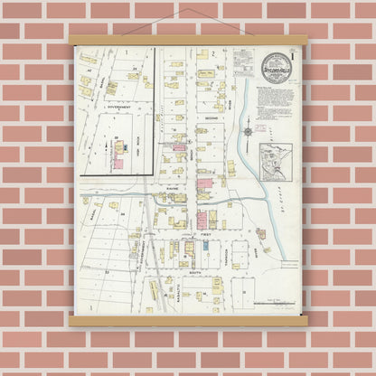 Old map wall art mockup — magnetic wood frame on brick wall — Sanborn Fire Insurance Map from Taylors Falls, Chisago County, Minnesota (1914) - Complete Map Set