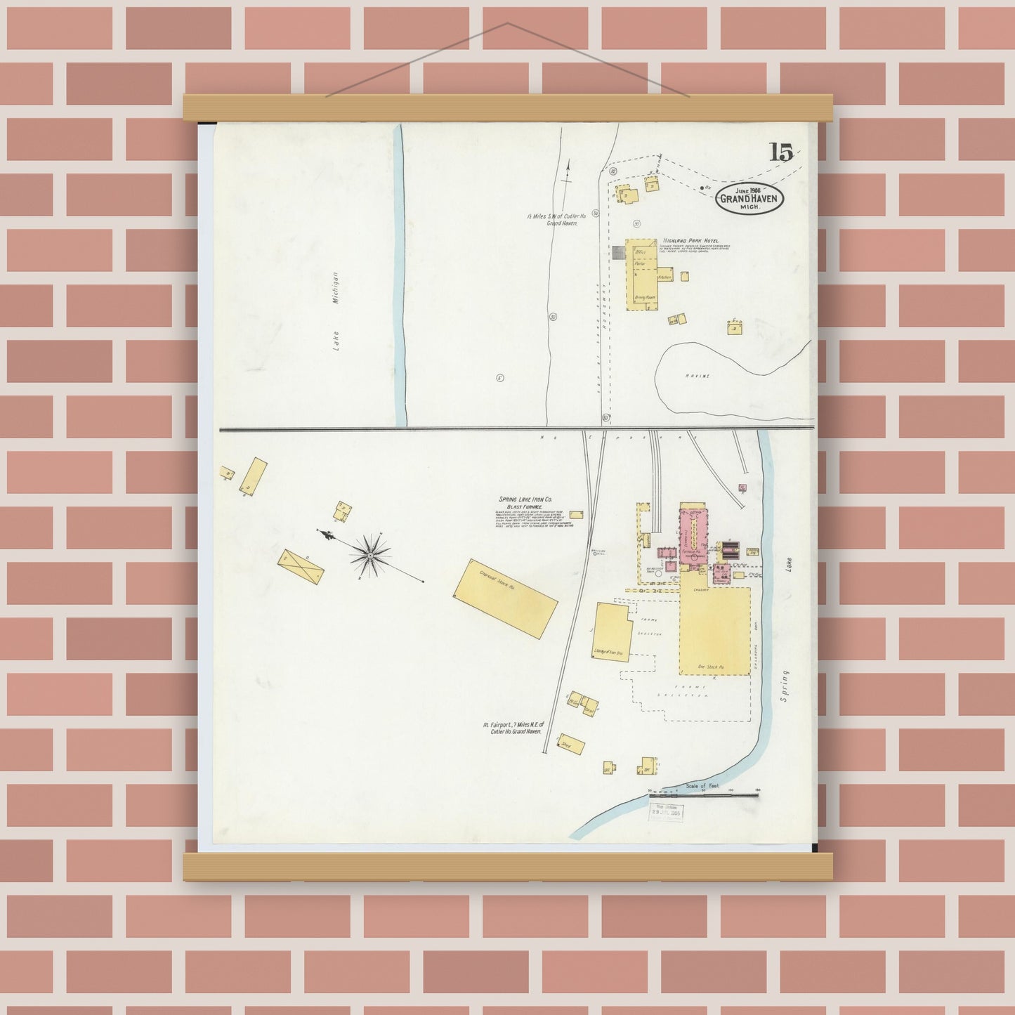 Old map wall art mockup — magnetic wood frame on brick wall — Sanborn Fire Insurance Map from Grand Haven, Ottawa County, Michigan (1906), Sheet #0015