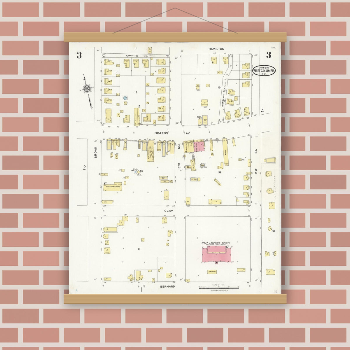 Old map wall art mockup — magnetic wood frame on brick wall — Sanborn Fire Insurance Map from West Columbia, Brazoria County, Texas (1926), Sheet #0003