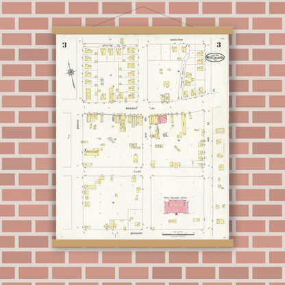 Old map wall art mockup — magnetic wood frame on brick wall — Sanborn Fire Insurance Map from West Columbia, Brazoria County, Texas (1926), Sheet #0003