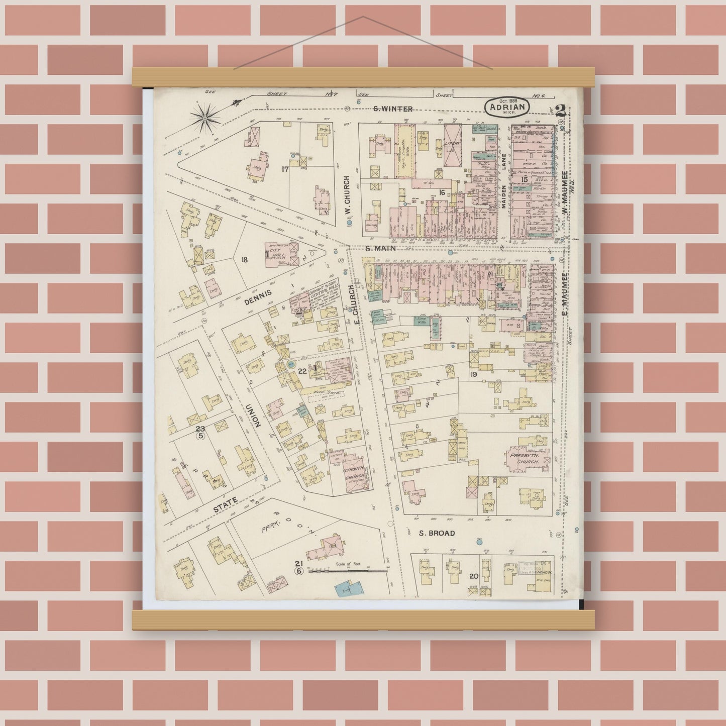 Old map wall art mockup — magnetic wood frame on brick wall — Sanborn Fire Insurance Map from Adrian, Lenawee County, Michigan (1888), Sheet #0002