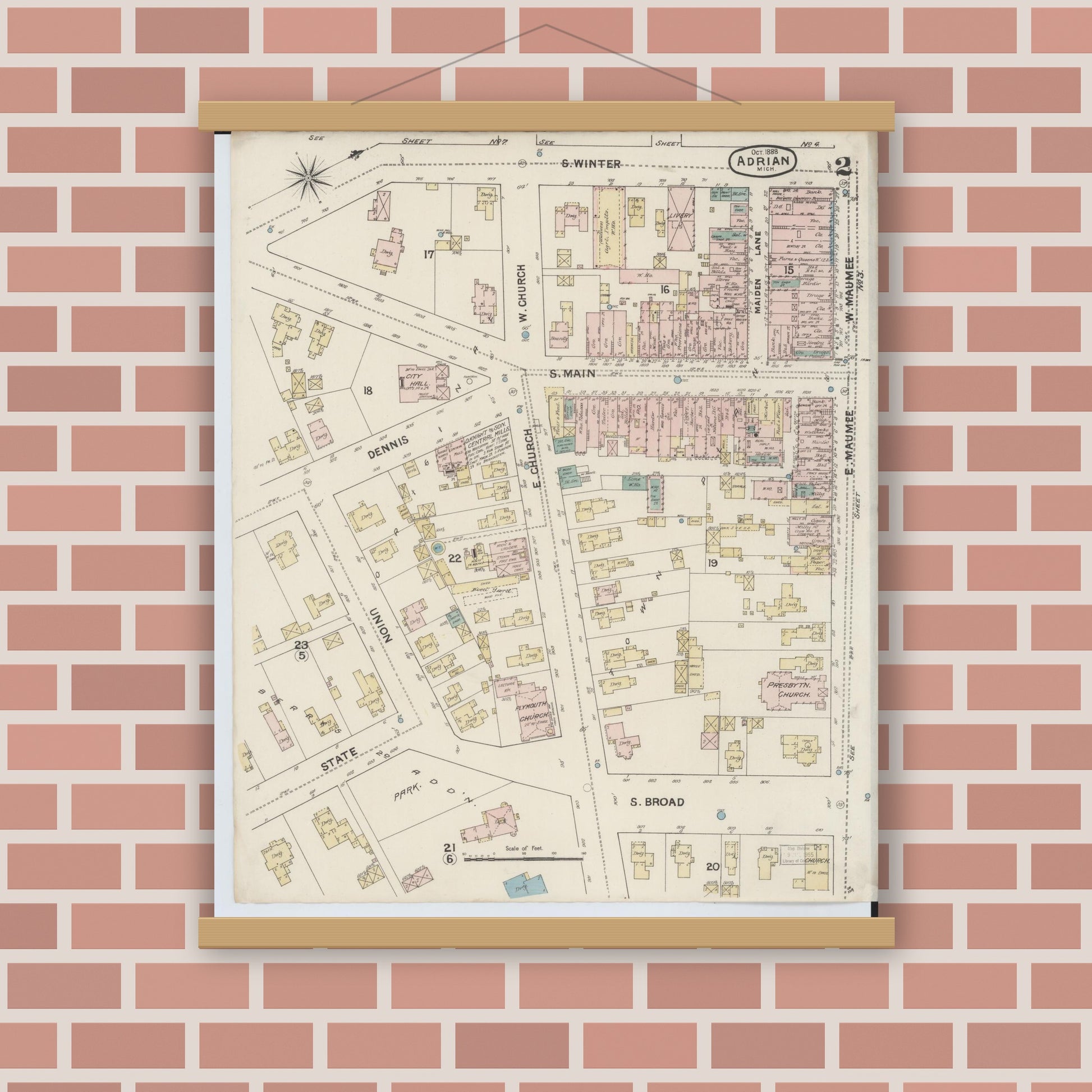 Old map wall art mockup — magnetic wood frame on brick wall — Sanborn Fire Insurance Map from Adrian, Lenawee County, Michigan (1888), Sheet #0002