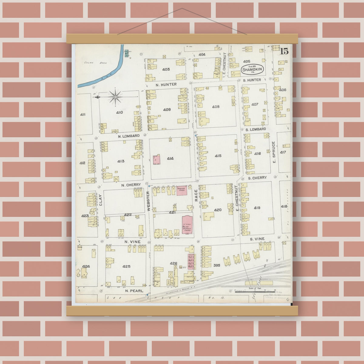 Old map wall art mockup — magnetic wood frame on brick wall — Sanborn Fire Insurance Map from Shamokin, Northumberland County, Pennsylvania (1891), Sheet #0015