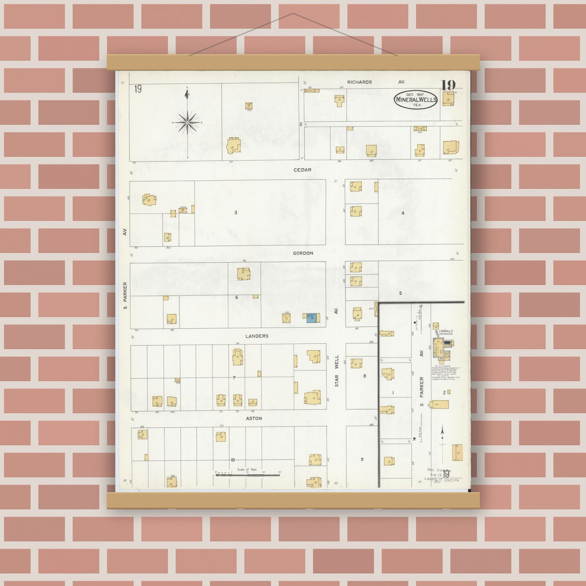 Old map wall art mockup — magnetic wood frame on brick wall — Sanborn Fire Insurance Map from Mineral Wells, Palo Pinto County, Texas (1907), Sheet #0019