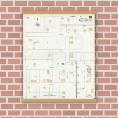 Old map wall art mockup — magnetic wood frame on brick wall — Sanborn Fire Insurance Map from Mineral Wells, Palo Pinto County, Texas (1907), Sheet #0019
