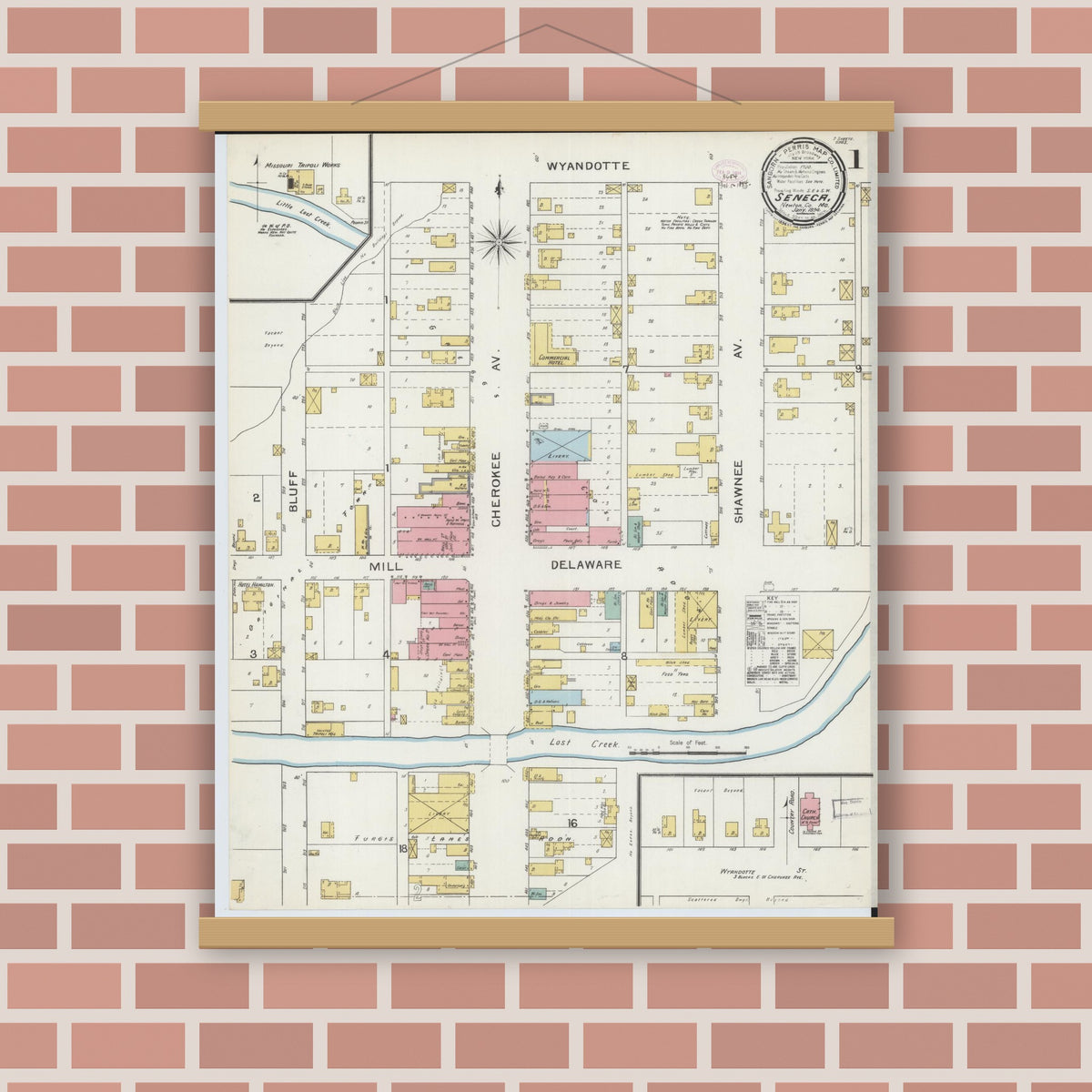 Old map wall art mockup — magnetic wood frame on brick wall — Sanborn Fire Insurance Map from Seneca, Newton County, Missouri (1894) - Complete Map Set