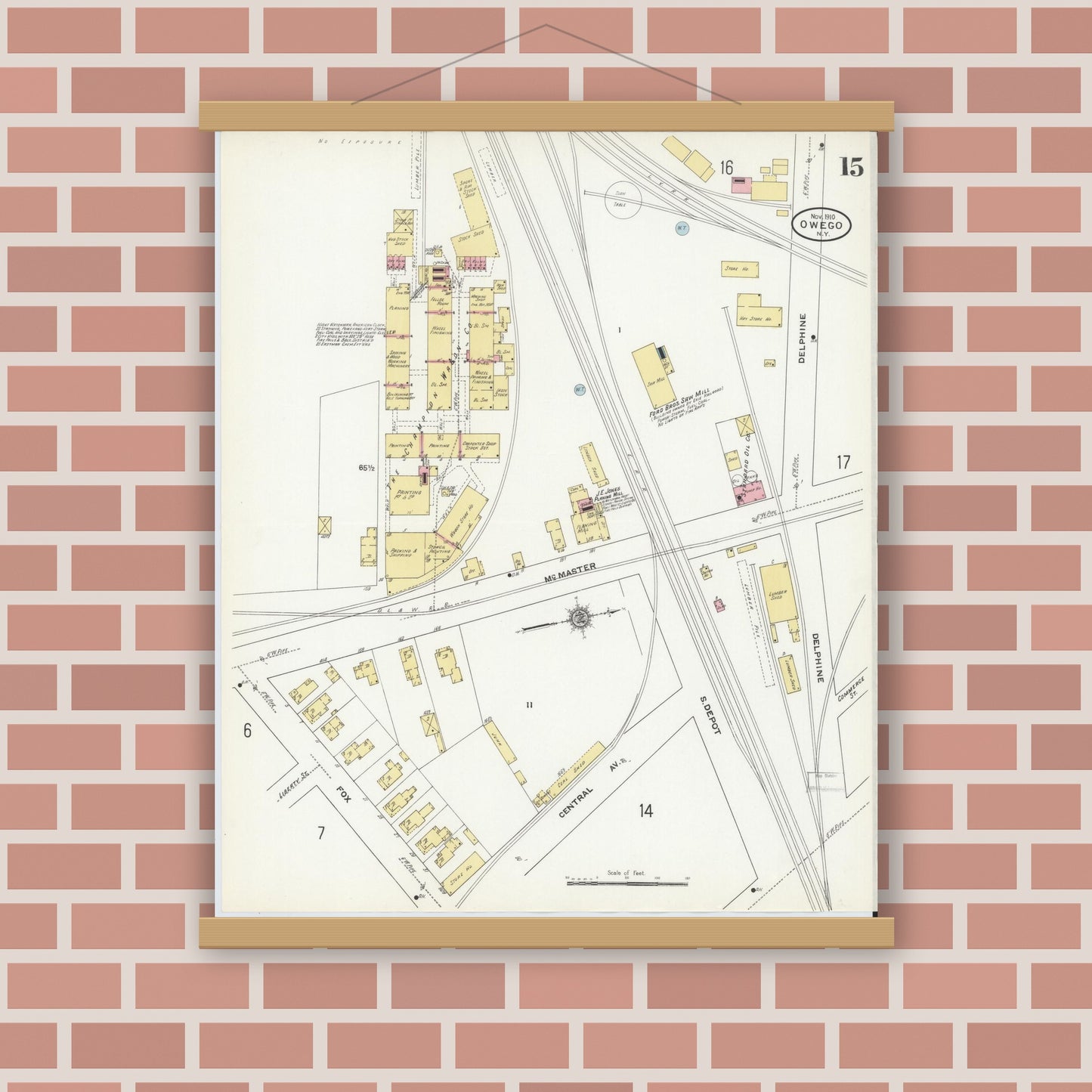 Old map wall art mockup — magnetic wood frame on brick wall — Sanborn Fire Insurance Map from Owego, Tioga County, New York (1910), Sheet #0015