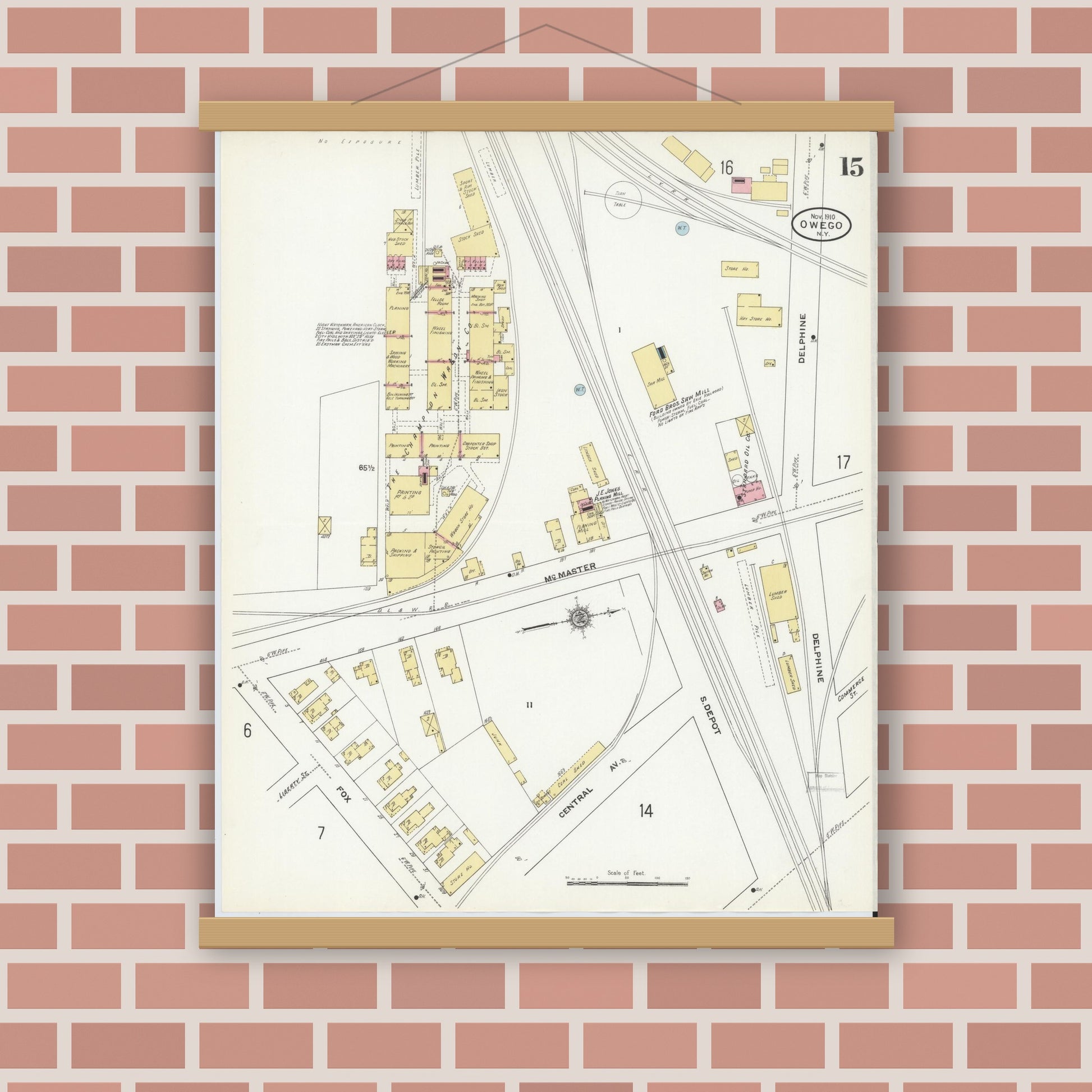 Old map wall art mockup — magnetic wood frame on brick wall — Sanborn Fire Insurance Map from Owego, Tioga County, New York (1910), Sheet #0015