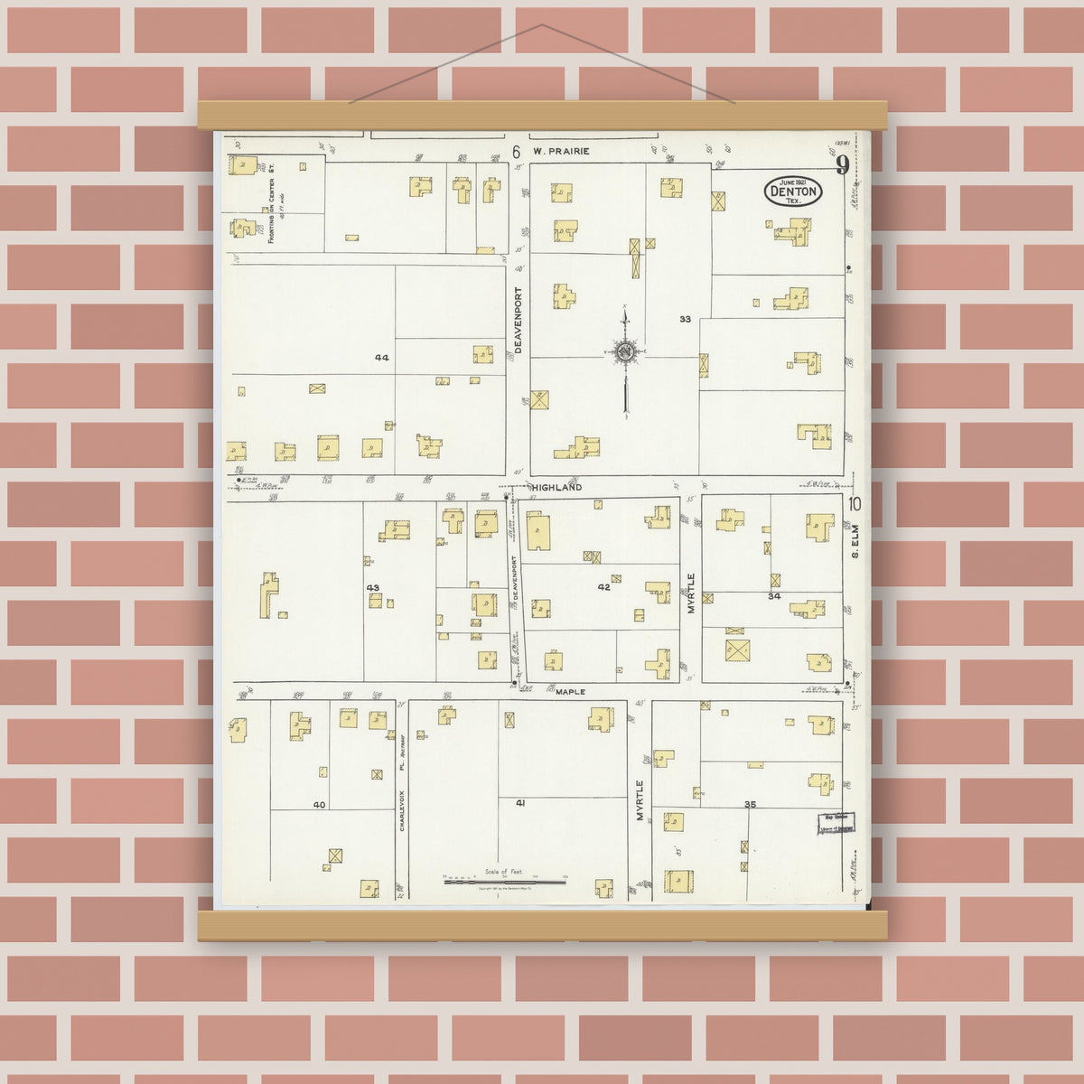 Old map wall art mockup — magnetic wood frame on brick wall — Sanborn Fire Insurance Map from Denton, Denton County, Texas (1921), Sheet #0009