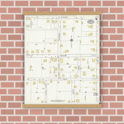 Old map wall art mockup — magnetic wood frame on brick wall — Sanborn Fire Insurance Map from Denton, Denton County, Texas (1921), Sheet #0009