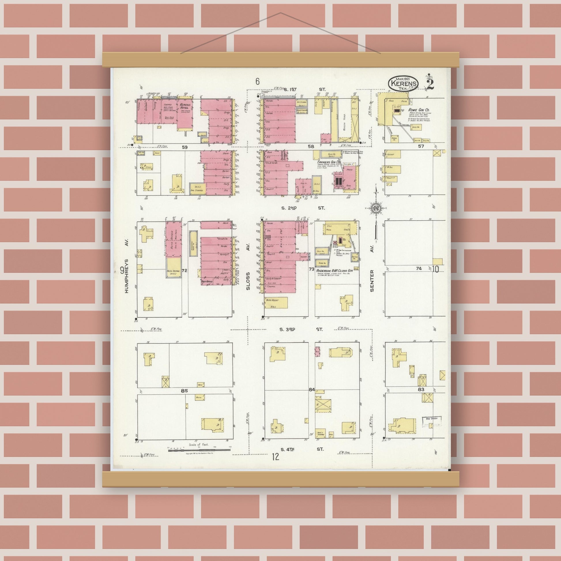 Old map wall art mockup — magnetic wood frame on brick wall — Sanborn Fire Insurance Map from Kerens, Navarro County, Texas (1921), Sheet #0002