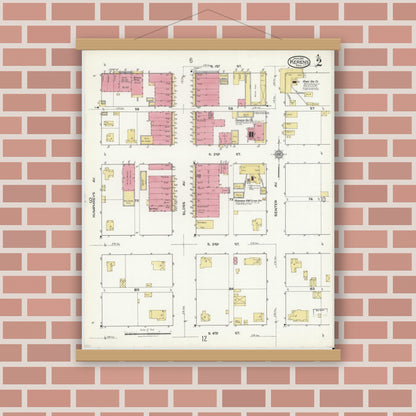 Old map wall art mockup — magnetic wood frame on brick wall — Sanborn Fire Insurance Map from Kerens, Navarro County, Texas (1921), Sheet #0002