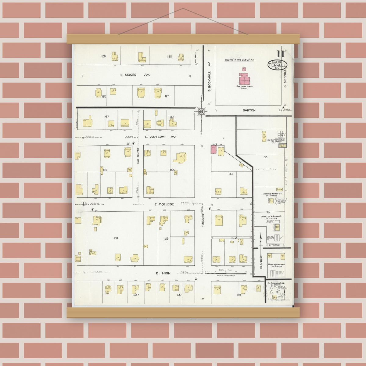 Old map wall art mockup — magnetic wood frame on brick wall — Sanborn Fire Insurance Map from Terrell, Kaufman County, Texas (1921), Sheet #0011