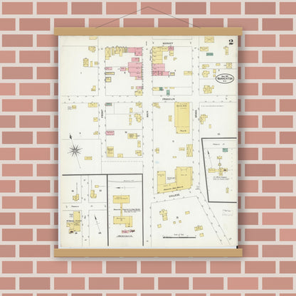 Old map wall art mockup — magnetic wood frame on brick wall — Sanborn Fire Insurance Map from Warrenton, Warren County, North Carolina (1907), Sheet #0002