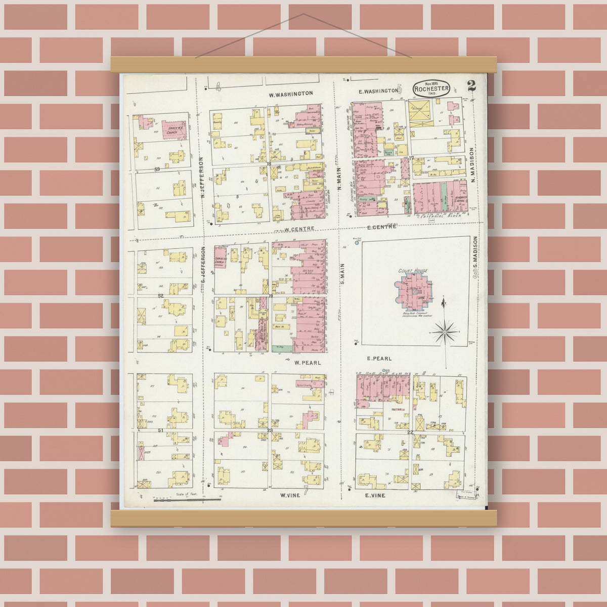 Old map wall art mockup — magnetic wood frame on brick wall — Sanborn Fire Insurance Map from Rochester, Fulton County, Indiana (1895), Sheet #0002