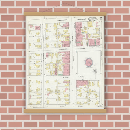 Old map wall art mockup — magnetic wood frame on brick wall — Sanborn Fire Insurance Map from Rochester, Fulton County, Indiana (1895), Sheet #0002