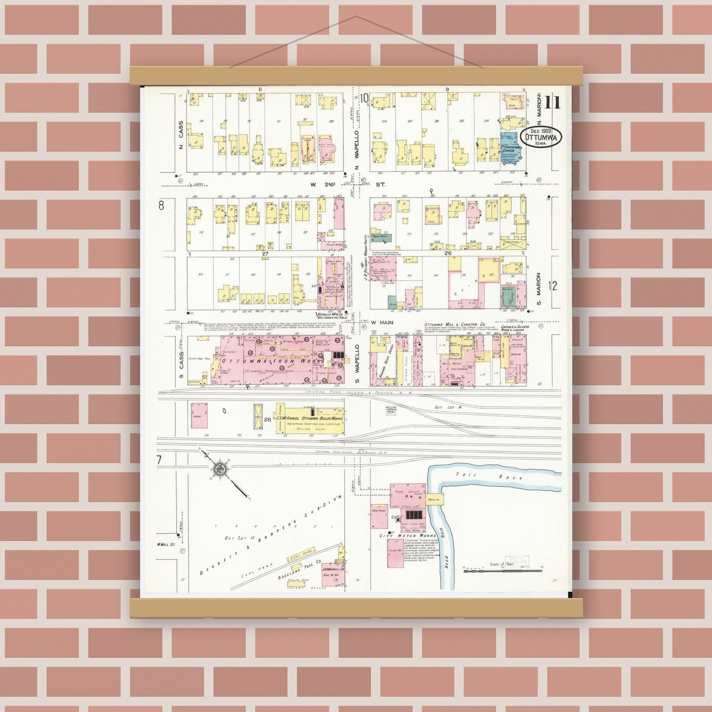 Old map wall art mockup — magnetic wood frame on brick wall — Sanborn Fire Insurance Map from Ottumwa, Wapello County, Iowa (1909), Sheet #0011