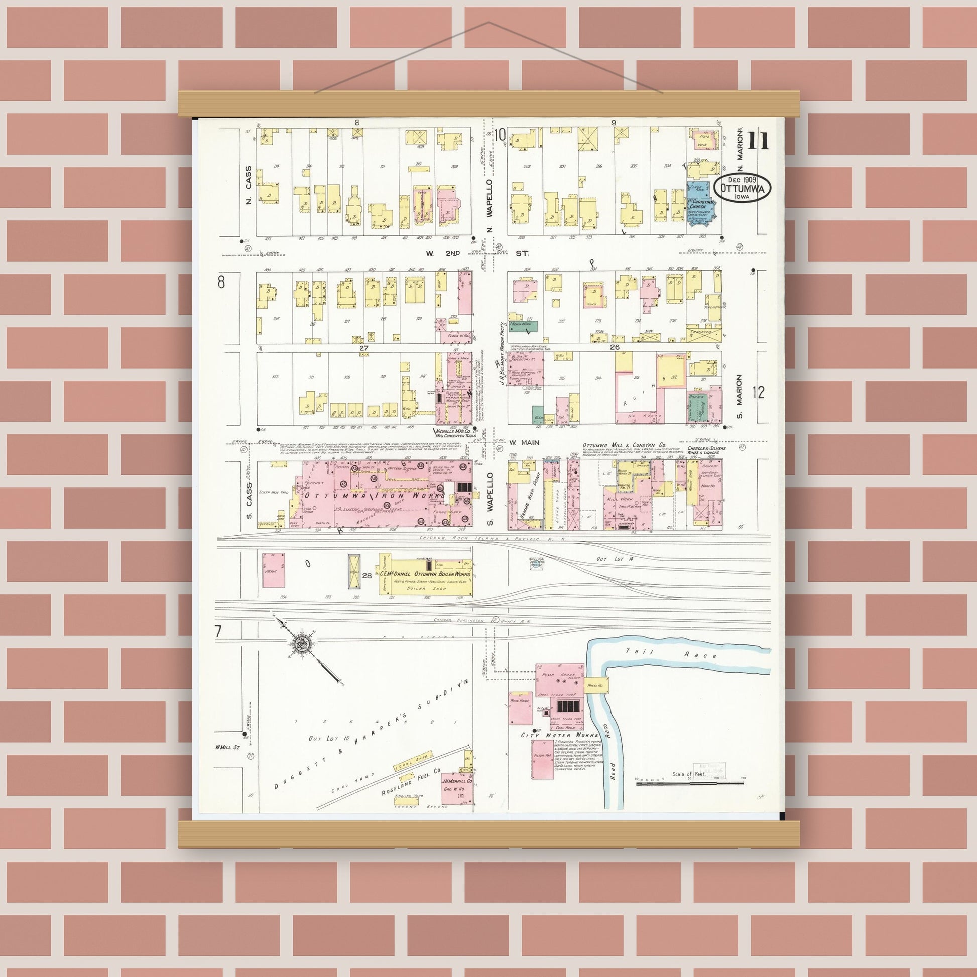 Old map wall art mockup — magnetic wood frame on brick wall — Sanborn Fire Insurance Map from Ottumwa, Wapello County, Iowa (1909), Sheet #0011