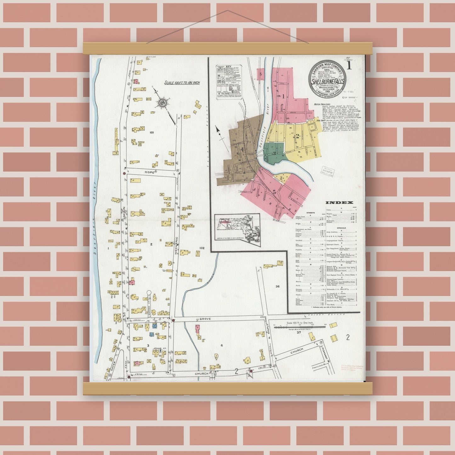 Old map wall art mockup — magnetic wood frame on brick wall — Sanborn Fire Insurance Map from Shelburne Falls, Franklin County, Massachusetts (1919) - Complete Map Set