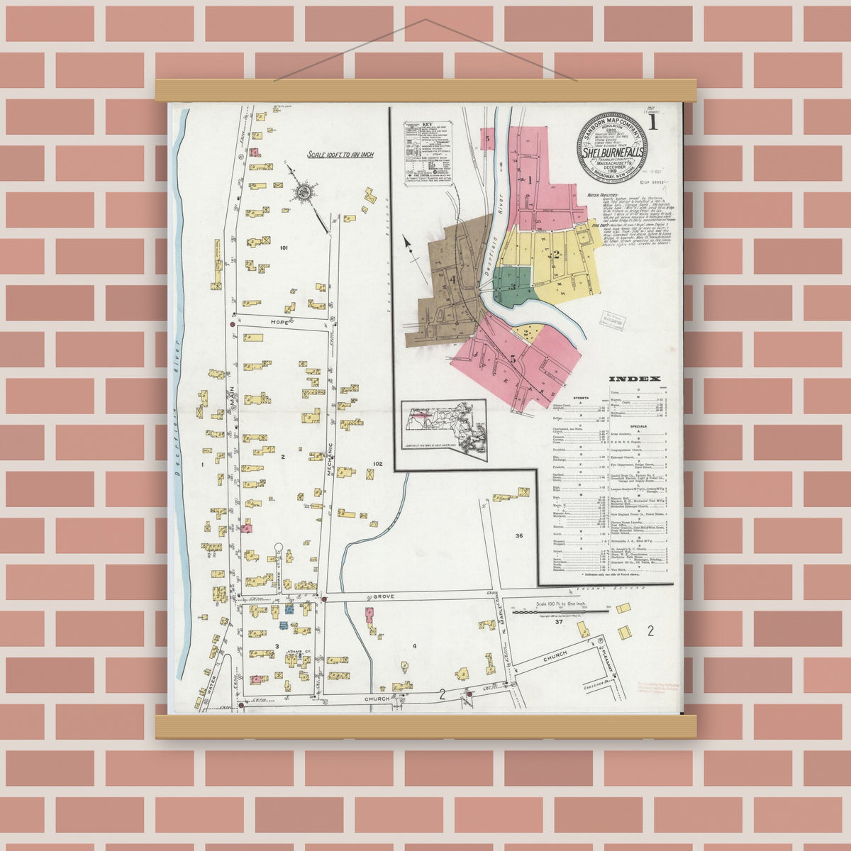 Old map wall art mockup — magnetic wood frame on brick wall — Sanborn Fire Insurance Map from Shelburne Falls, Franklin County, Massachusetts (1919) - Complete Map Set