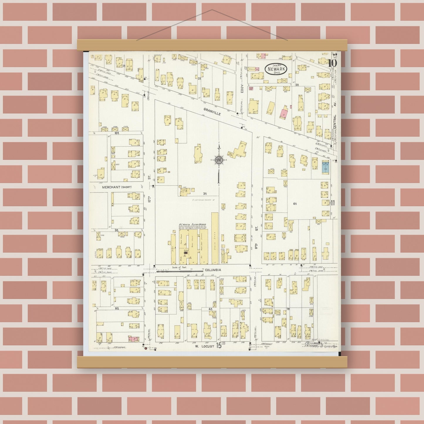 Old map wall art mockup — magnetic wood frame on brick wall — Sanborn Fire Insurance Map from Newark, Licking County, Ohio (1912), Sheet #0010