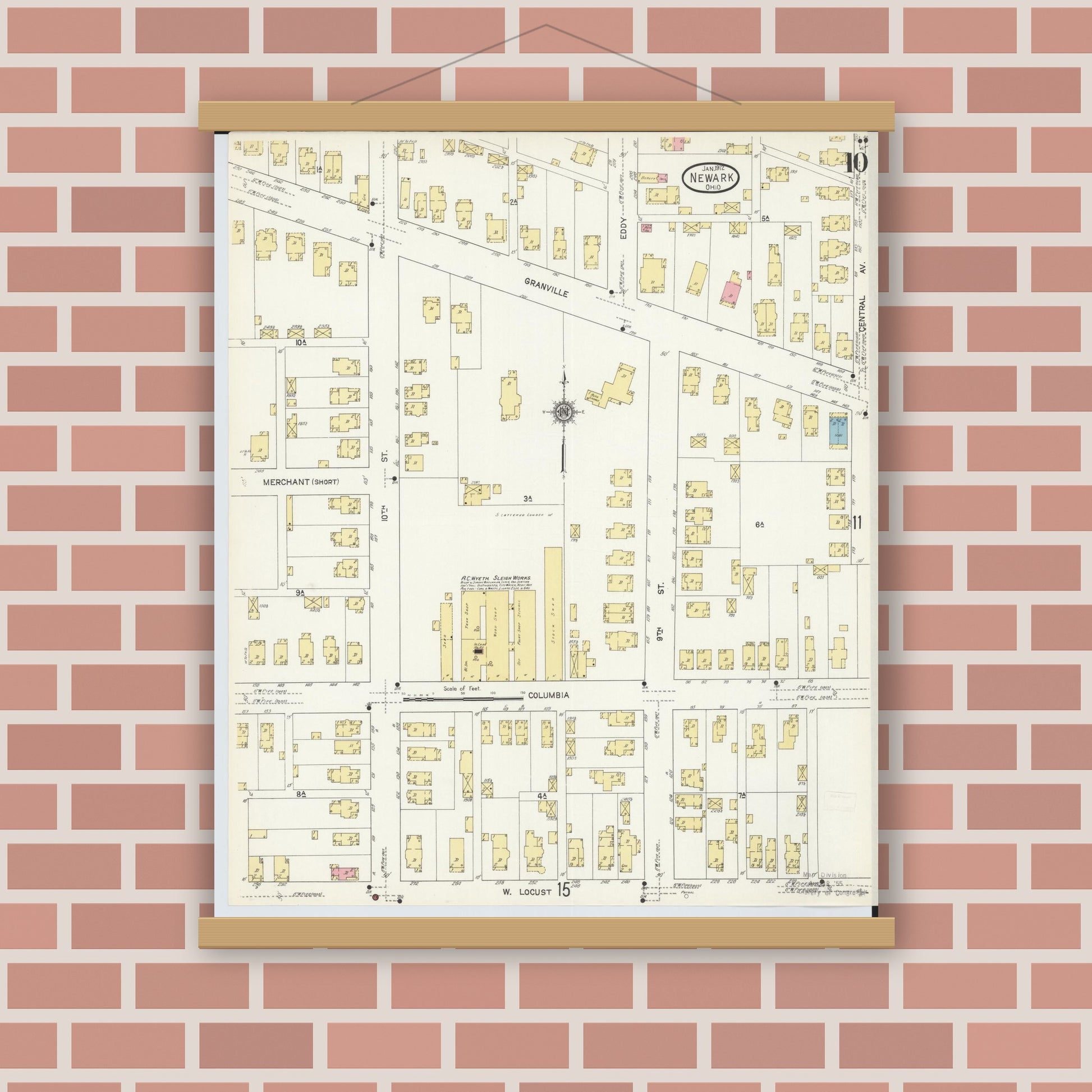 Old map wall art mockup — magnetic wood frame on brick wall — Sanborn Fire Insurance Map from Newark, Licking County, Ohio (1912), Sheet #0010
