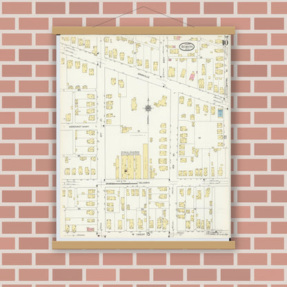 Old map wall art mockup — magnetic wood frame on brick wall — Sanborn Fire Insurance Map from Newark, Licking County, Ohio (1912), Sheet #0010