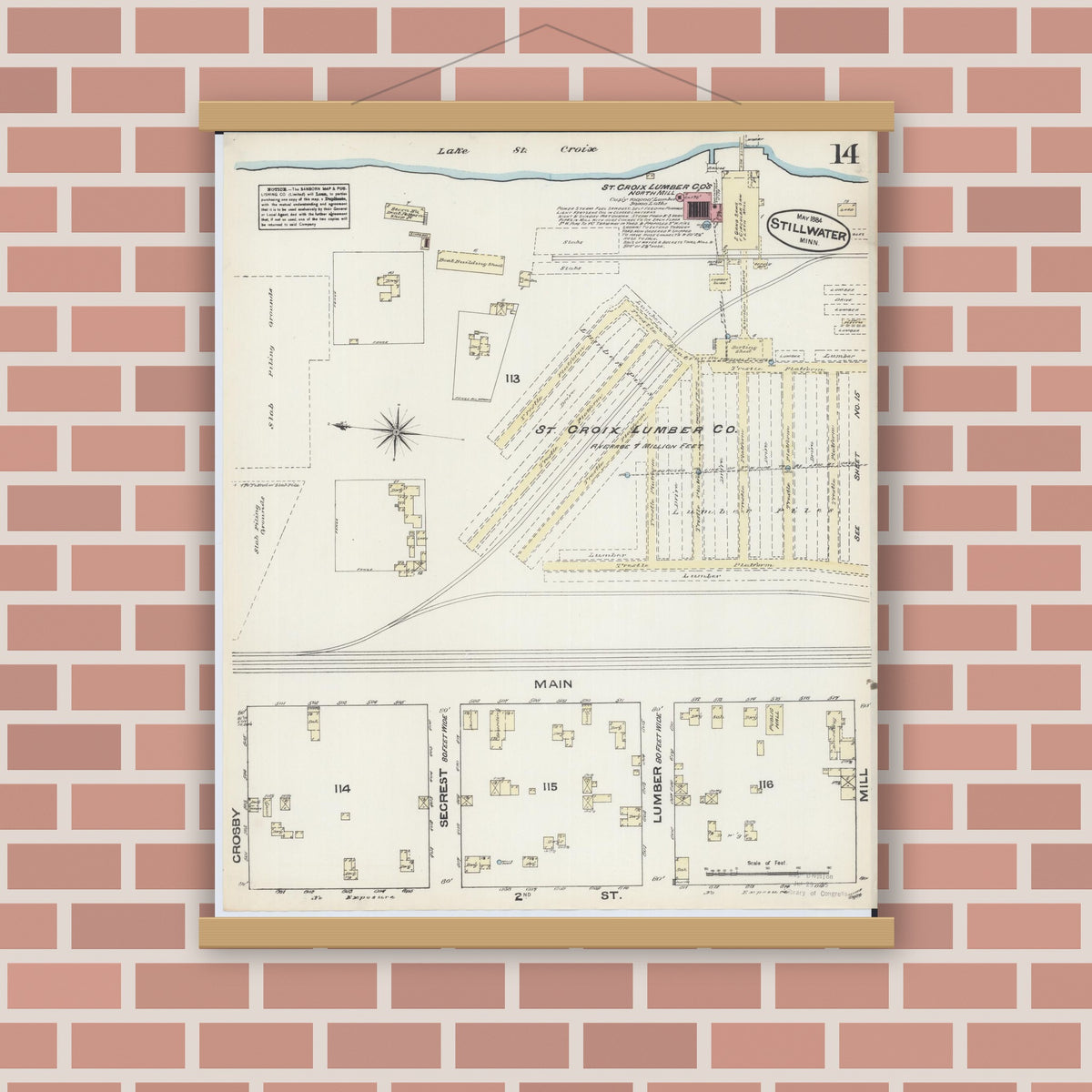 Old map wall art mockup — magnetic wood frame on brick wall — Sanborn Fire Insurance Map from Stillwater, Washington County, Minnesota (1884), Sheet #0014