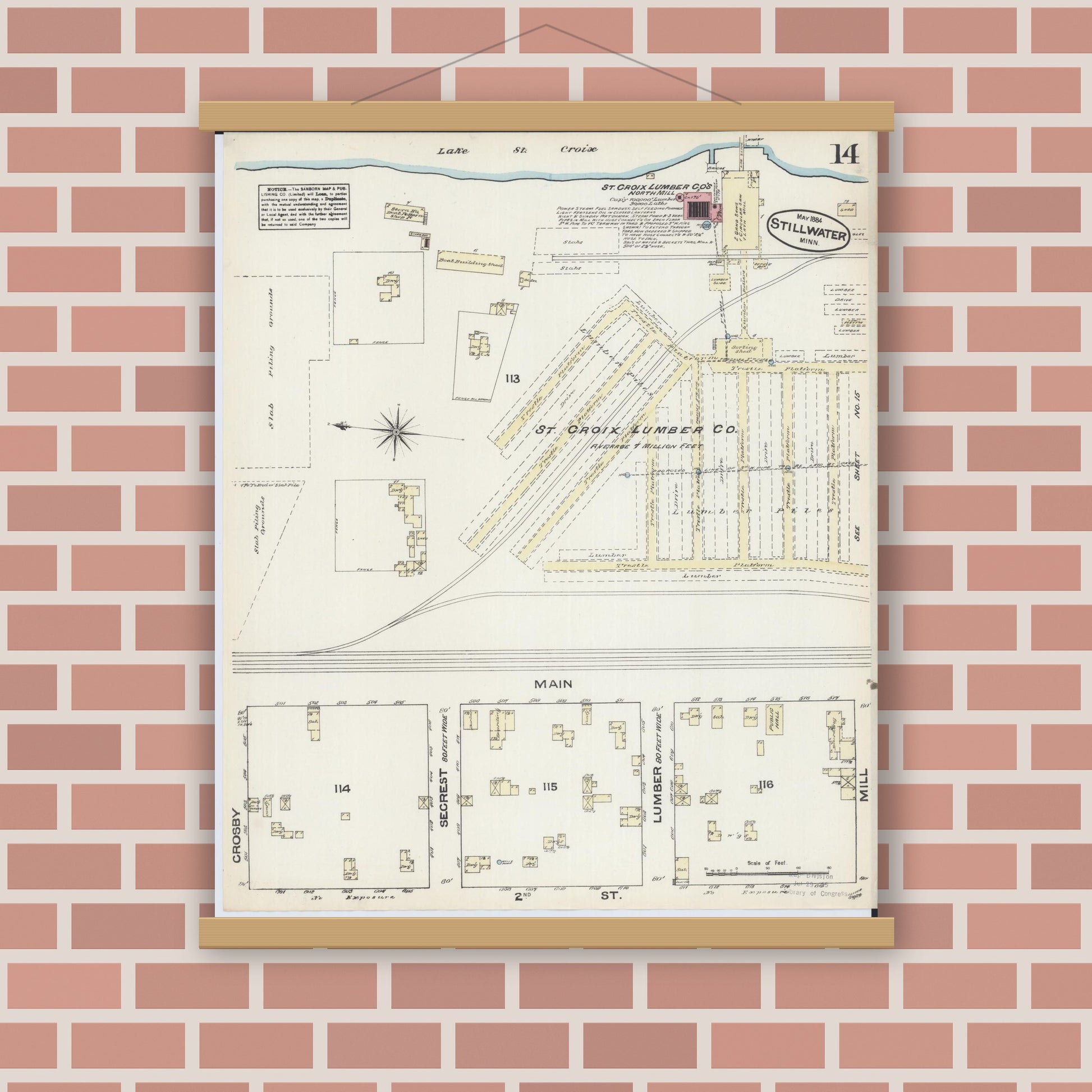 Old map wall art mockup — magnetic wood frame on brick wall — Sanborn Fire Insurance Map from Stillwater, Washington County, Minnesota (1884), Sheet #0014