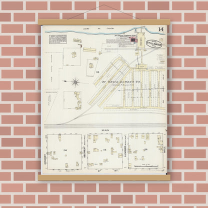 Old map wall art mockup — magnetic wood frame on brick wall — Sanborn Fire Insurance Map from Stillwater, Washington County, Minnesota (1884), Sheet #0014