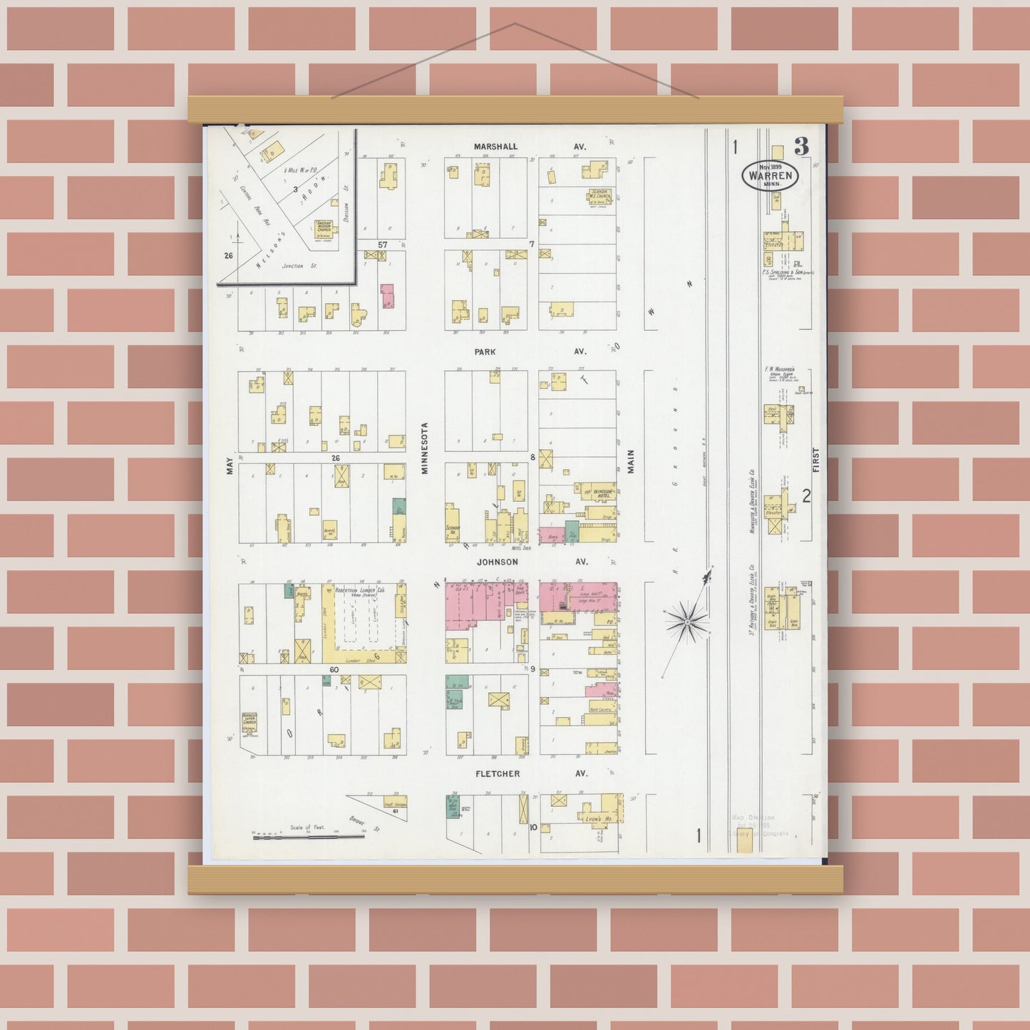 Old map wall art mockup — magnetic wood frame on brick wall — Sanborn Fire Insurance Map from Warren, Marshall County, Minnesota (1899), Sheet #0003