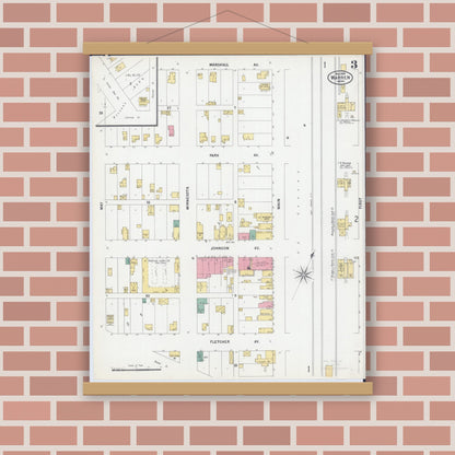 Old map wall art mockup — magnetic wood frame on brick wall — Sanborn Fire Insurance Map from Warren, Marshall County, Minnesota (1899), Sheet #0003