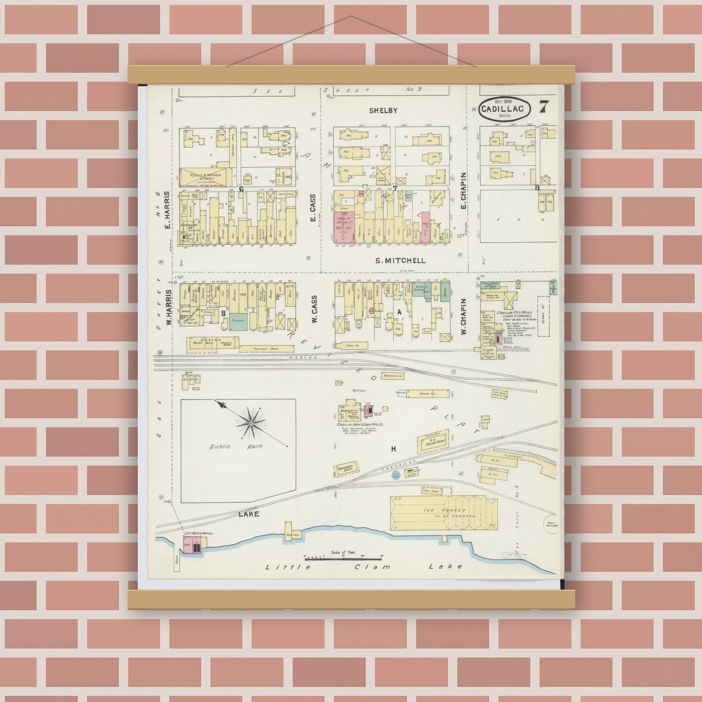 Old map wall art mockup — magnetic wood frame on brick wall — Sanborn Fire Insurance Map from Cadillac, Wexford County, Michigan (1890), Sheet #0007