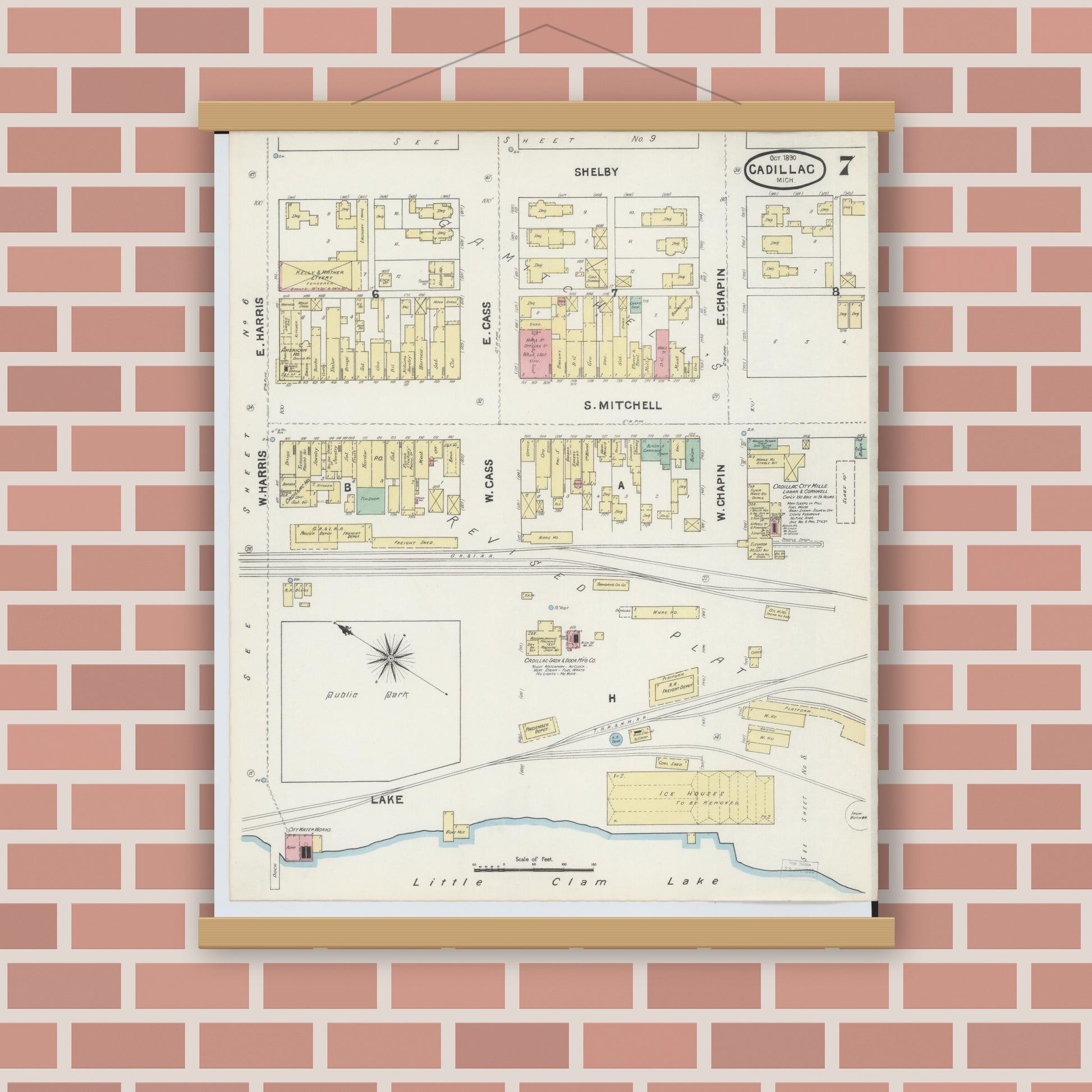 Old map wall art mockup — magnetic wood frame on brick wall — Sanborn Fire Insurance Map from Cadillac, Wexford County, Michigan (1890), Sheet #0007