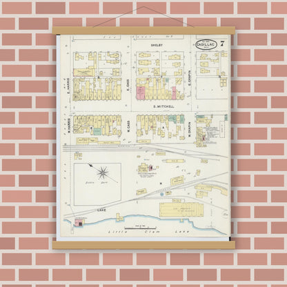 Old map wall art mockup — magnetic wood frame on brick wall — Sanborn Fire Insurance Map from Cadillac, Wexford County, Michigan (1890), Sheet #0007