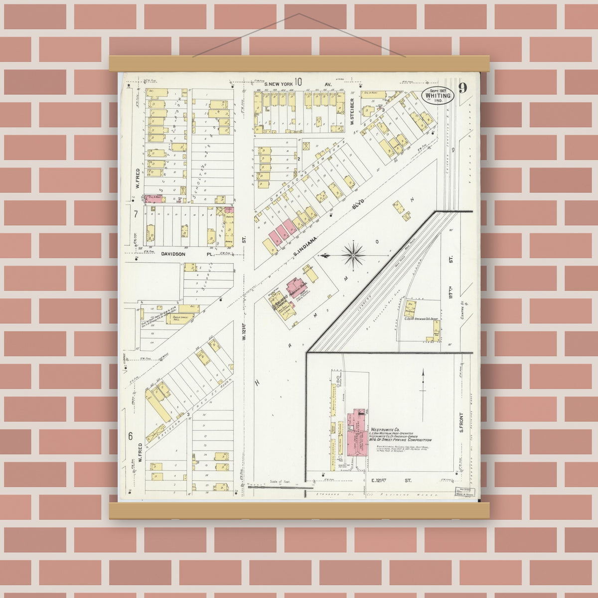 Old map wall art mockup — magnetic wood frame on brick wall — Sanborn Fire Insurance Map from Whiting, Lake County, Indiana (1907), Sheet #0009