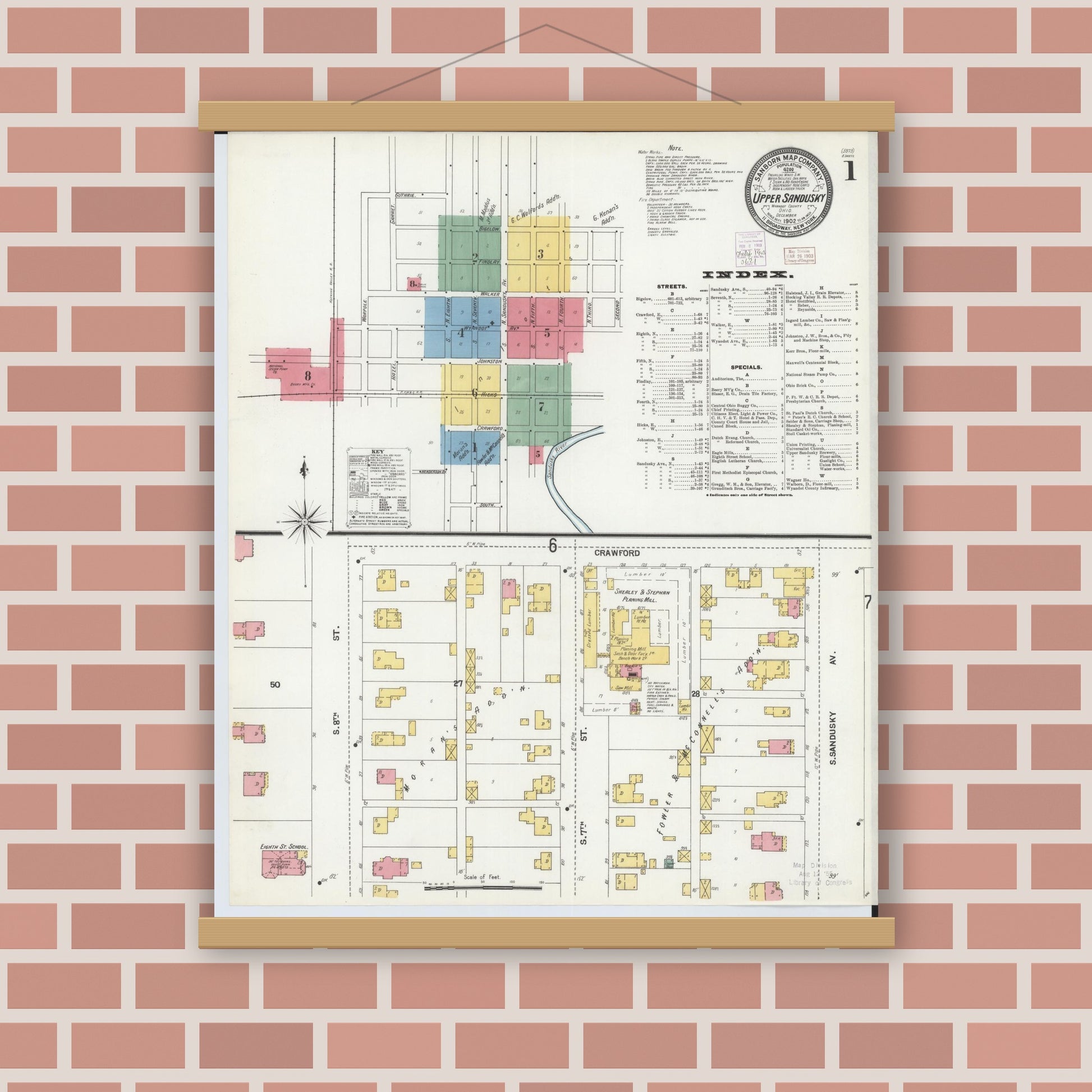 Old map wall art mockup — magnetic wood frame on brick wall — Sanborn Fire Insurance Map from Upper Sandusky, Wyandot County, Ohio (1902) - Complete Map Set